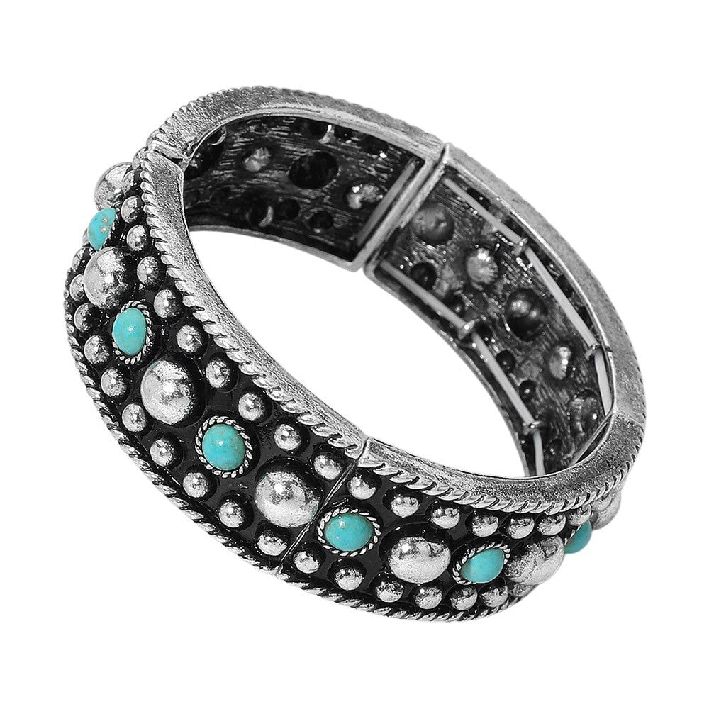 Western Turquoise Stone Stretch Bracelet Featuring Metal Stud Accents