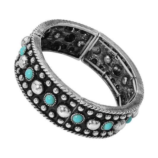 Western Turquoise Stone Stretch Bracelet Featuring Metal Stud Accents
