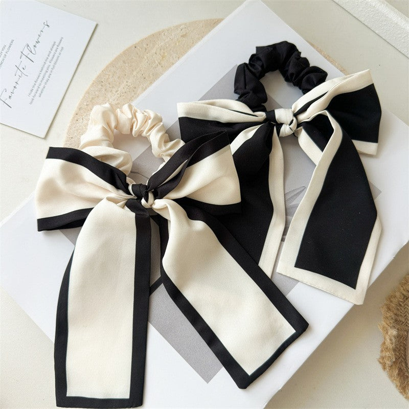 2pcs Black White Ribbon Bow Scrunchies Hair Ties French Chic Ponytail Holder