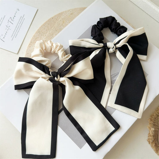 2pcs Black White Ribbon Bow Scrunchies Hair Ties French Chic Ponytail Holder