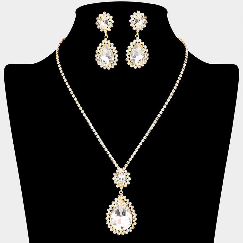 Teardrop Accented Rhinestone Pendant Necklace and Dangle Earrings Set for Women
