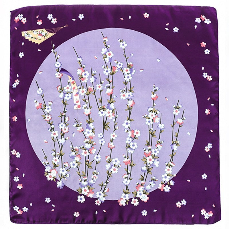 Purple Cherry Blossom Silk Feel Square Scarf Floral Head Neck Hair Wrap 27.5in
