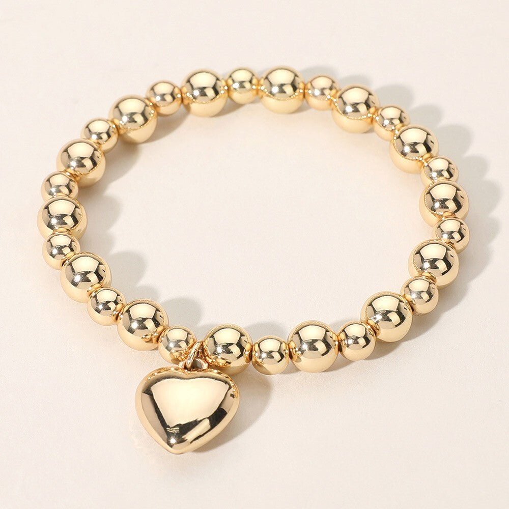 Metal Heart Charm Ball Beaded Stretch Bracelet for Women Fashion Jewelry