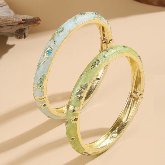 Set of 2 Enamel Floral Bangle Bracelets Aqua Blue Green Gold Tone Hinged 7.2"
