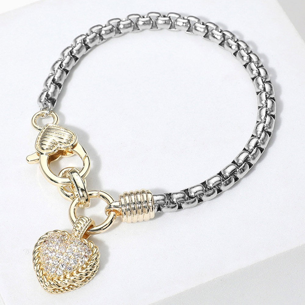 Two-Tone Cubic Zircon Stone Paved Heart Charm Bracelet with Lobster Clasp