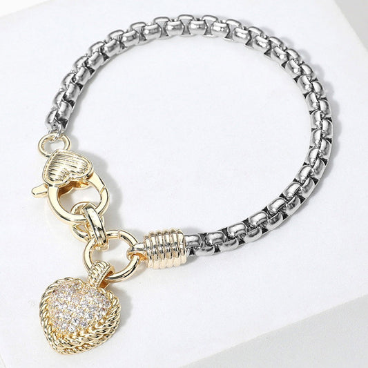 Two-Tone Cubic Zircon Stone Paved Heart Charm Bracelet with Lobster Clasp