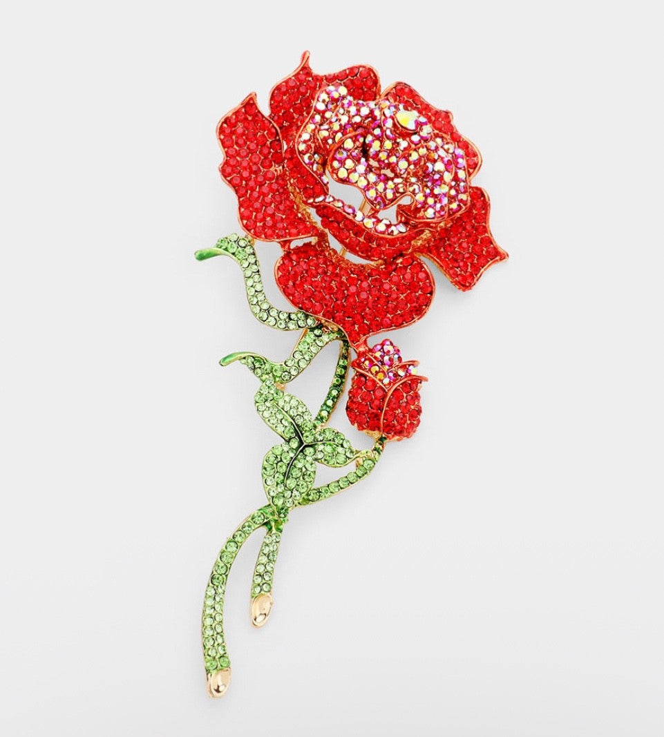 Elegant 3D Red Rose Flower Brooch with Polished Gold-Tone Stem and Leaf Detail