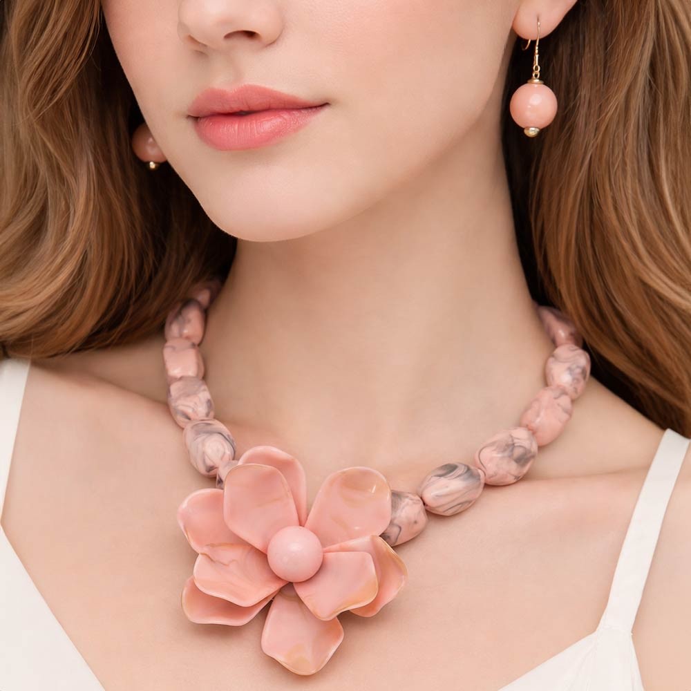 2pcs Pink Marble Resin Floral Statement Necklace & Round Ball Drop Earrings Set