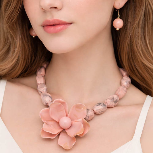 2pcs Pink Marble Resin Floral Statement Necklace & Round Ball Drop Earrings Set