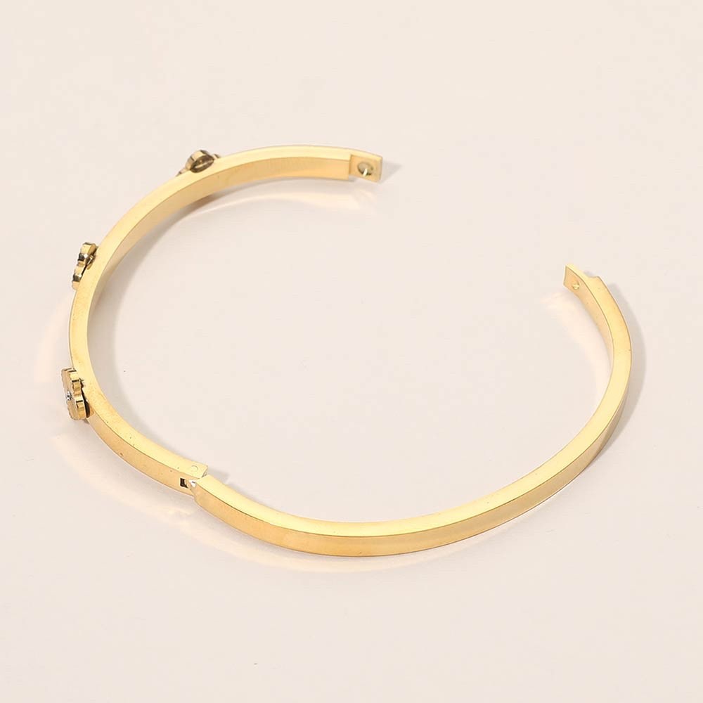 Gold Stainless Steel Clover Flower Hinge Bangle Bracelet Elegant Floral Jewelry
