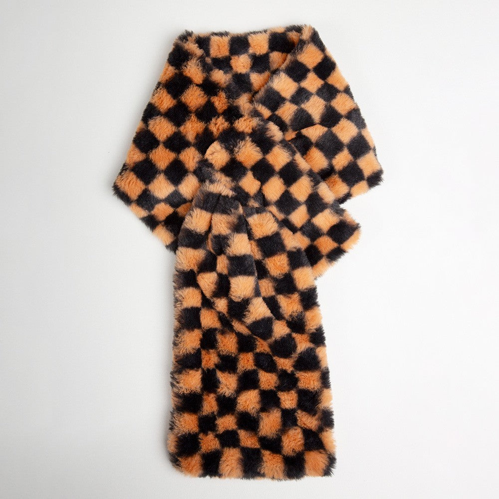 Faux Fur Plush Checkeredboard Pull Through Cowl Scarf for Women Brown 6" X 35"