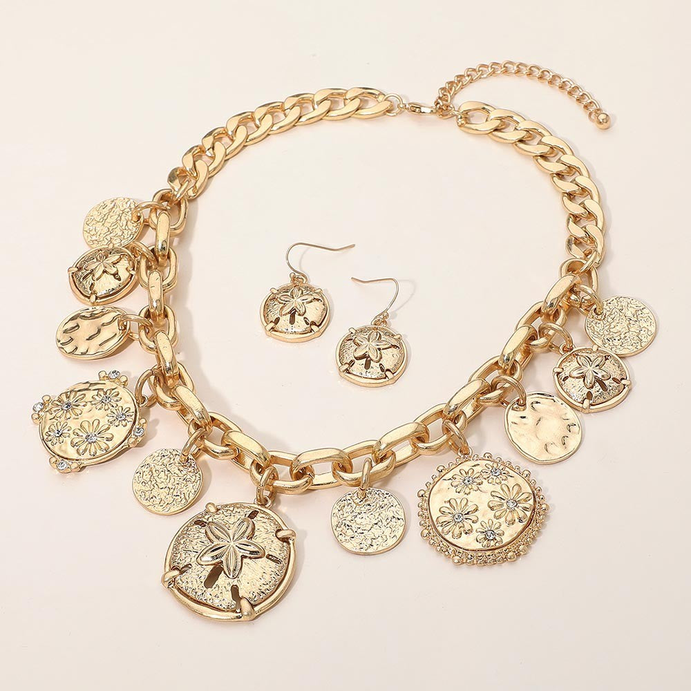 Women's Chunky Flower Engraved Medallion Charms Station Necklace & Earrings Gold
