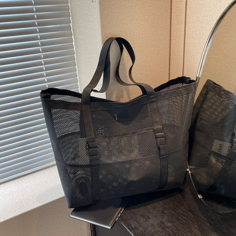 Extra Large Mesh Tote Bag Black Shoulder Beach Gym Travel Organizer Pockets