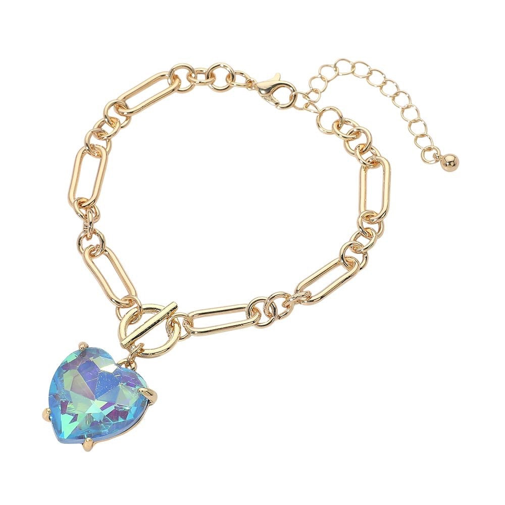 Gold Paperclip Chain Heart Charm Bracelet Iridescent Blue Crystal Jewelry Gift