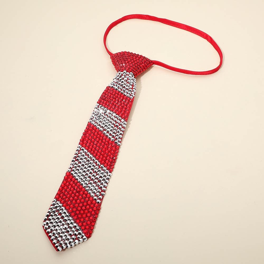 Red and Silver Rhinestone Striped Necktie Necklace Glam Party Statement Jewelry