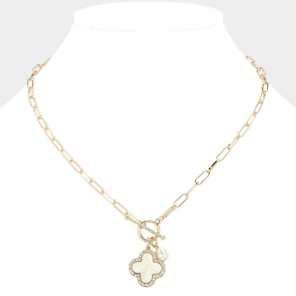 Mother of Pearl Clover Toggle Necklace with Rhinestones and Pearl Accent