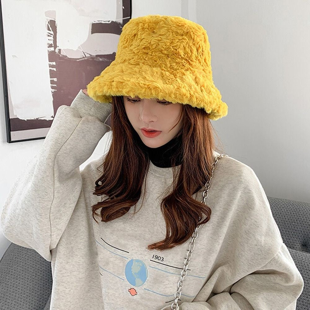 Sunny Yellow Faux Fur Fluffy Bucket Hat Cozy Winter Streetwear