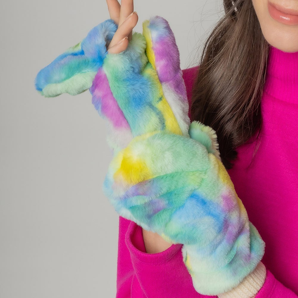 Tie Dye Faux Fur Mitten Gloves Cozy Plush Winter Mittens for Women