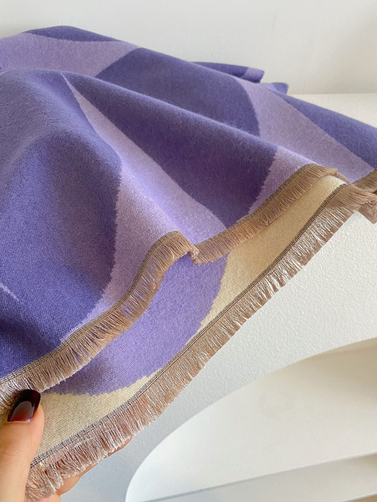 Geometric Pattern Oversized Cashmere Feel Shawl Wrap Purple Beige