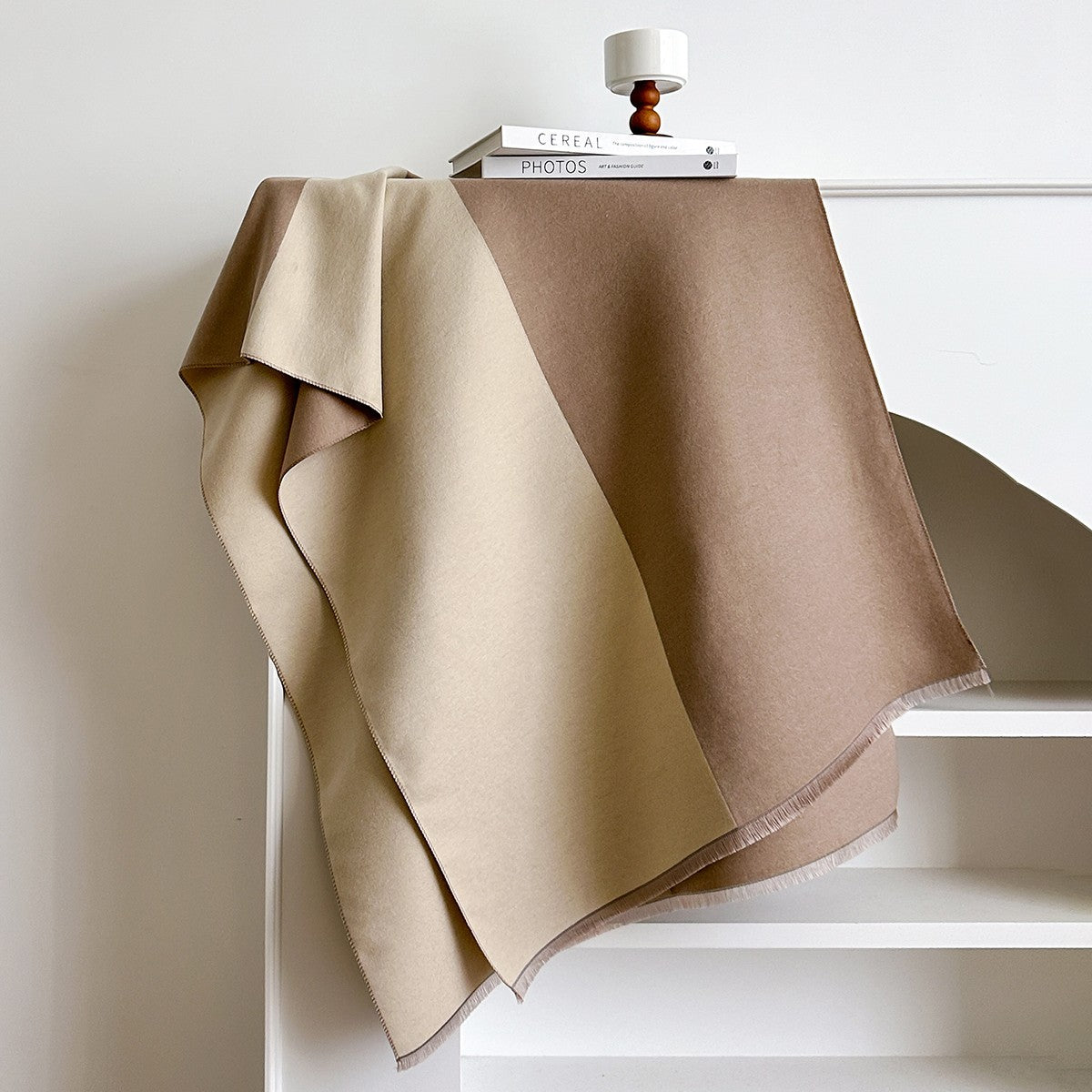 Reversible Cashmere Feel Shawl Wrap Scarf Beige Brown Oversized Blanket 72.8in