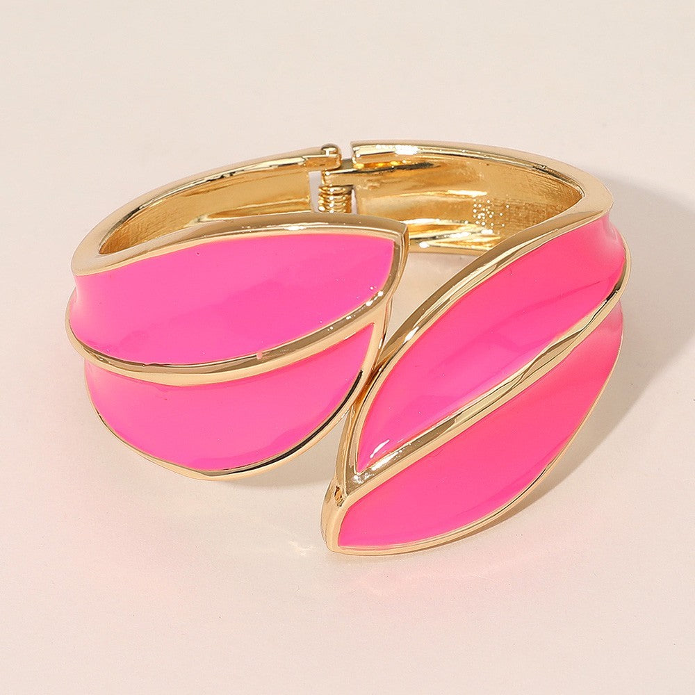 Abstract Enamel Leaf Statement Hinged Bangle Bracelet Hinged Closure Fuchsia