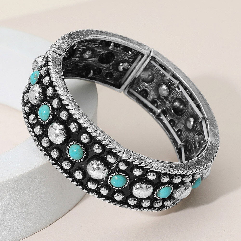Western Turquoise Stone Stretch Bracelet Featuring Metal Stud Accents