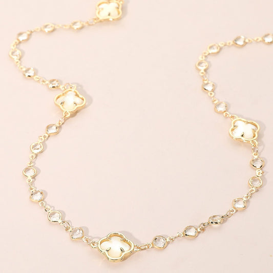 Gold Tone Long Clover Station Necklace Cream Crystal Quatrefoil Designer Inspire