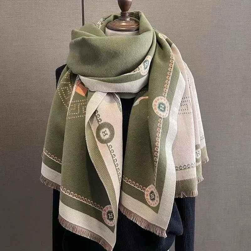 Green Equestrian Cashmere-Feel Shawl Wrap Large Horse Print
