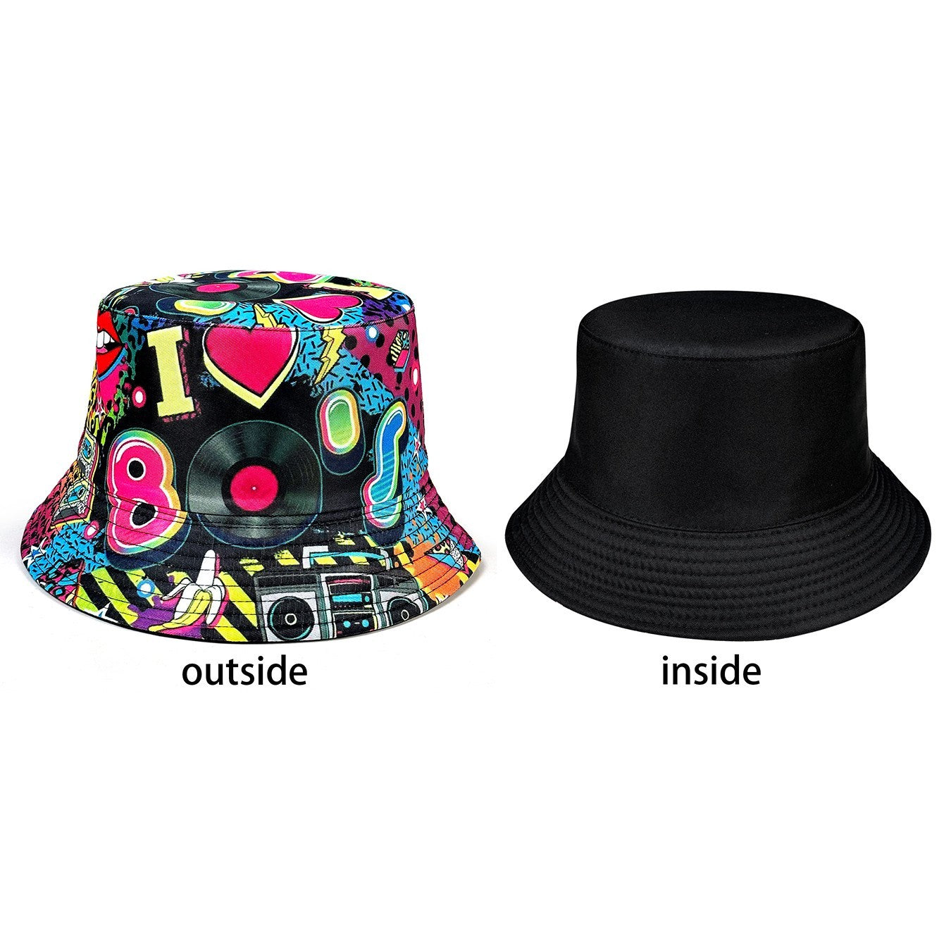 Retro 80s Reversible Bucket Hat Neon Pop Art Festival Sun Cap Black I Heart 80s