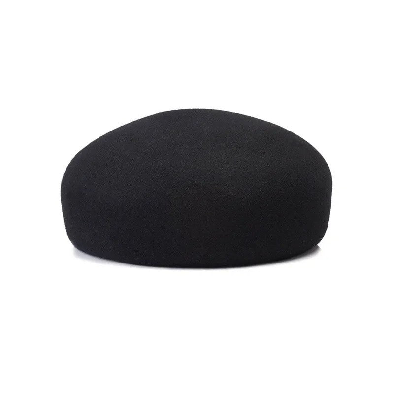 Vintage Wool Felt Pillbox Beret Hat French Style Satin Lined Black Winter Cap
