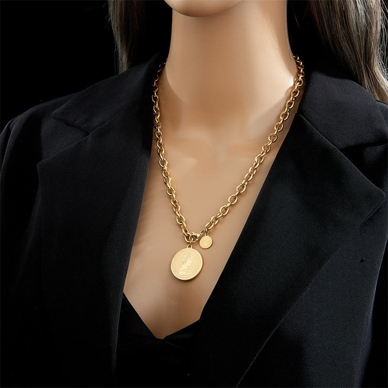 18K Gold Plated Queen Elizabeth II Coin Pendant Link Chain Necklace Jewelry