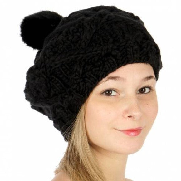Women's Faux Fur Pom Pom Cable Knit Beret Black for Winter Weather
