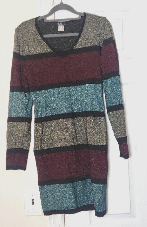 VENUS Women's Metallic Striped Bodycon Long Sleeve Stretch Sweater Dress Medium