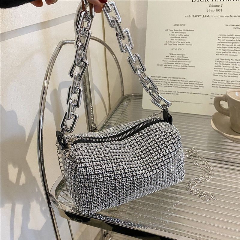 Silver Tone Rhinestone Evening Bag Crystal Clutch Thick Chain Shoulder Handbag