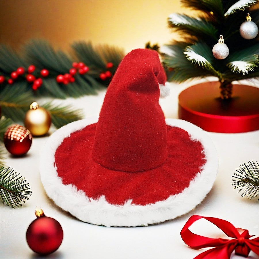 Wide Brim Santa Hat Red Christmas Costume Cap Adult Witch Style 19in Diameter