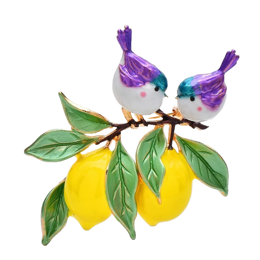 Enamel Bird and Lemon Brooch Pin Green Leaves Yellow Fruit Women's Fashion Gift