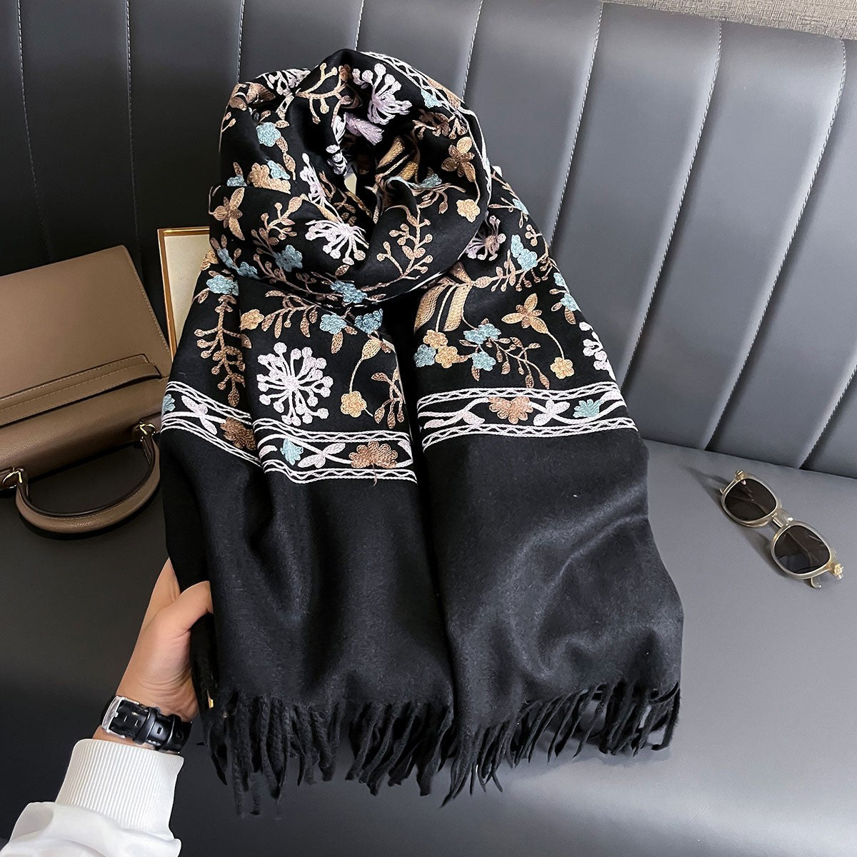 Black Floral Embroidered Scarf Shawl Wrap Fringed Soft Warm Cashmere Feel Winter
