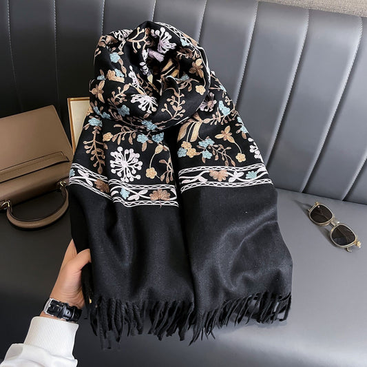 Black Floral Embroidered Scarf Shawl Wrap Fringed Soft Warm Cashmere Feel Winter