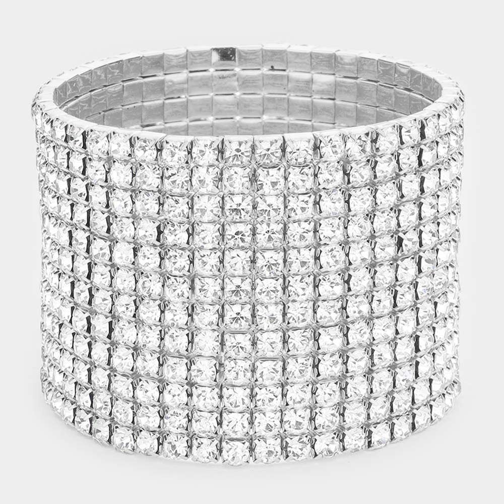 Women's 12-Row Crystal Rhinestone elastic Stretchable Cuff Bracelet Silver 1.7"
