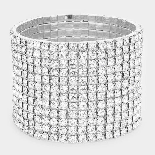 Women's 12-Row Crystal Rhinestone elastic Stretchable Cuff Bracelet Silver 1.7"