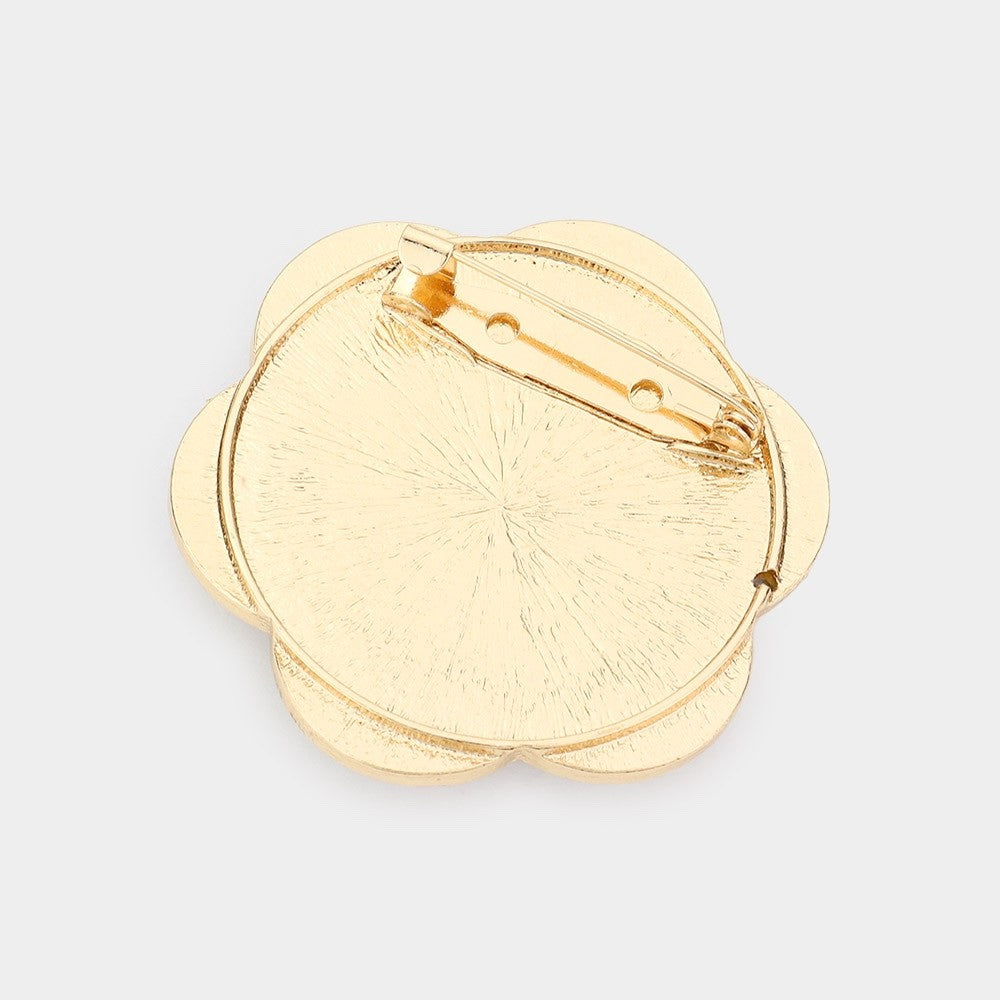 Gold Enamel Camellia Flower Brooch with Black Petals and Faux Pearl Center