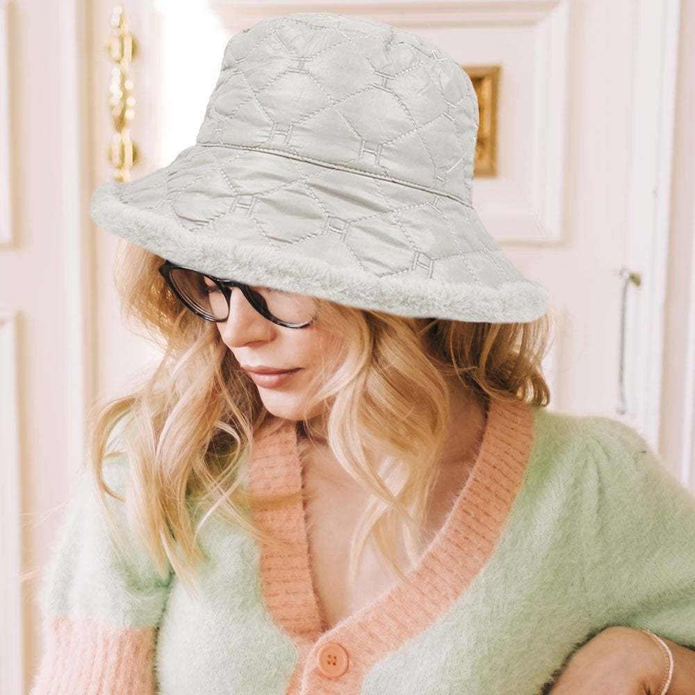 Quilted Winter Bucket Hat Faux Fur Trim Women's Warm Outdoors Cap White
