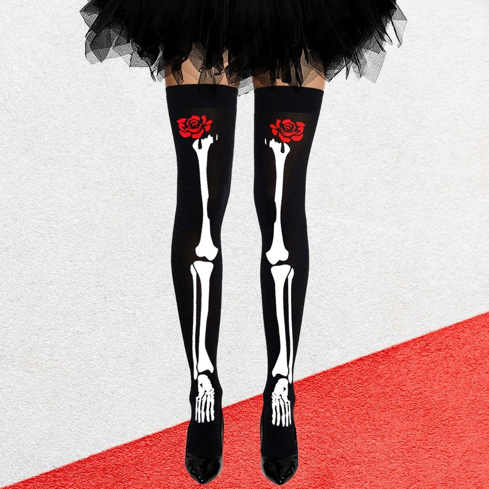 Rose Skull Skeleton Print Thigh High Stockings Women Halloween Costume Tights