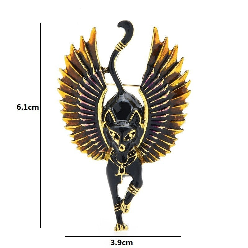 Ancient Egyptian Revival Winged Black Cat Enamel Brooch Pin Goddess Bastet