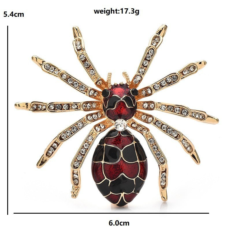Red Black Enamel Rhinestone Spider Brooch Pin Gold Tone Statement Gothic Jewelry