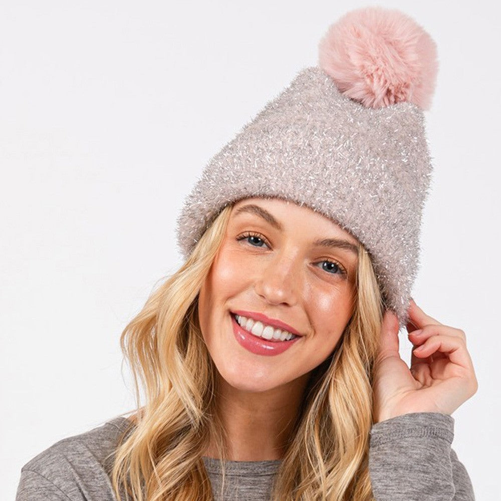 Women’s Shimmer Knit Pom Pom Beanie Hat Fleece Lined Winter Ski Cap Pink Tan