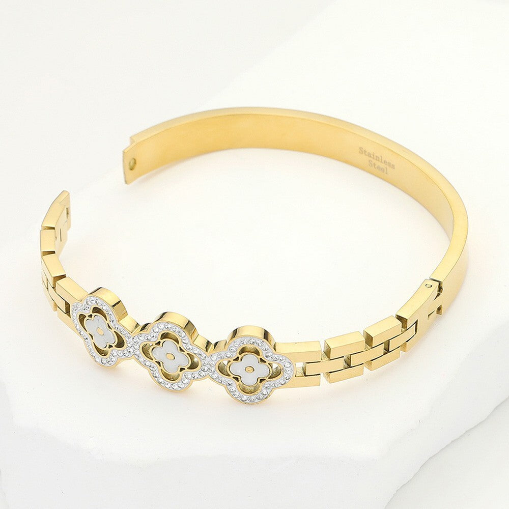Triple Clover Stone Hinged Bangle Bracelet for Women Stainless Steel Jewelry