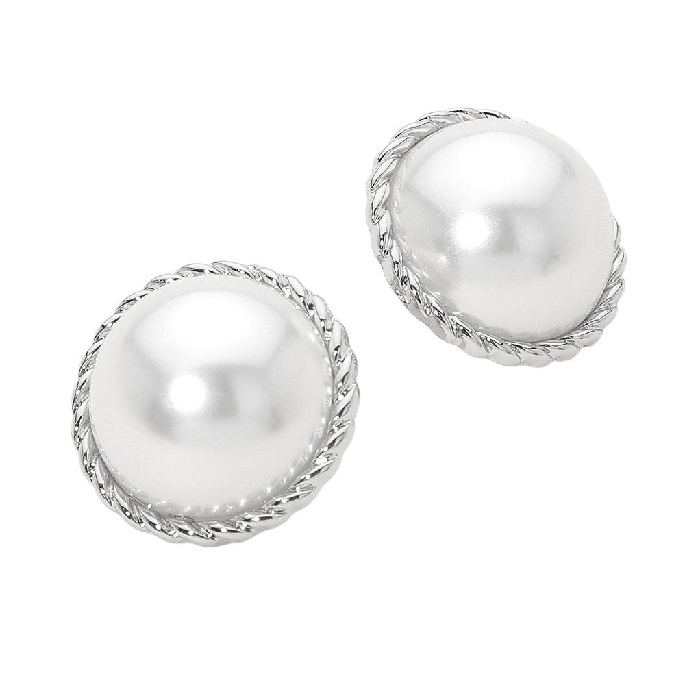 Silver Tone Large Round Faux Pearl Button Stud Earrings