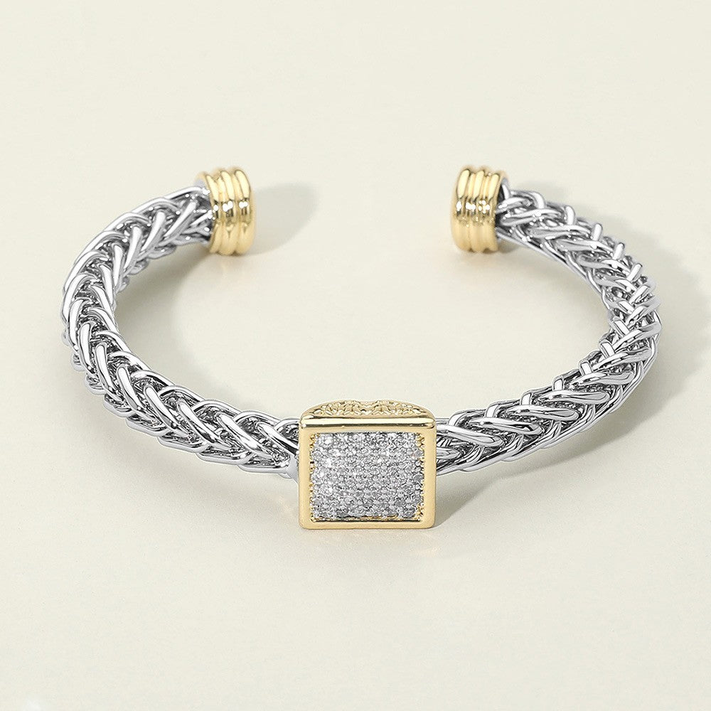 Two Tone 14K Gold Plated CZ Stone Pave Square Accent Braided Chain Cuff Bracelet