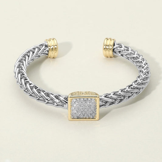 Two Tone 14K Gold Plated CZ Stone Pave Square Accent Braided Chain Cuff Bracelet